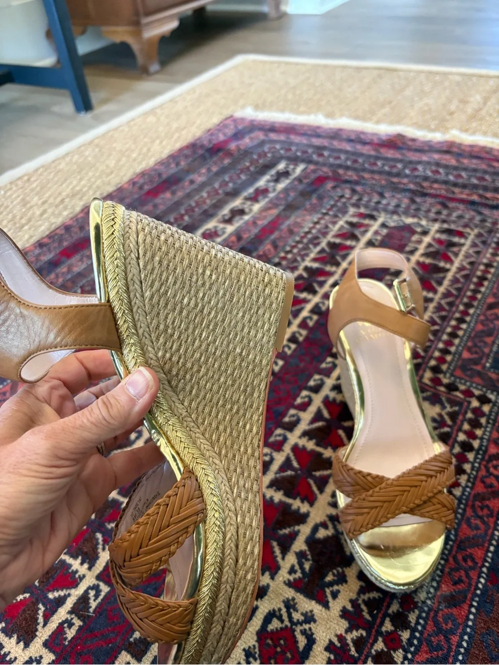 Vince Camuto Braided Tan Leather Wedge Sandals with Gold Platform